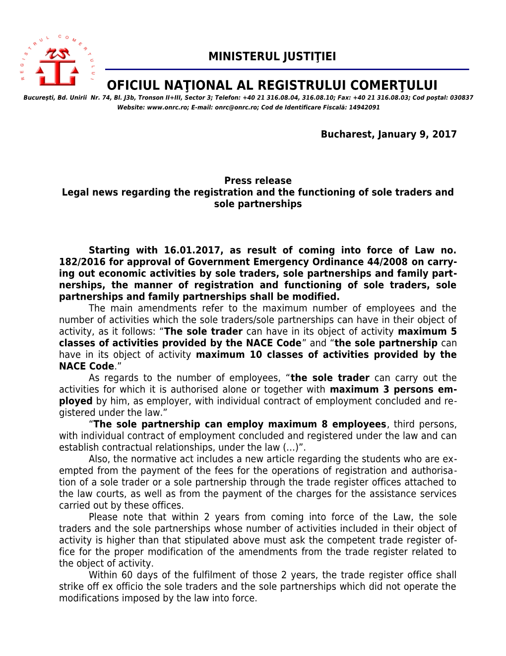 Legal News Regarding the Registration and the Functioning of Sole Traders and Sole Partnerships