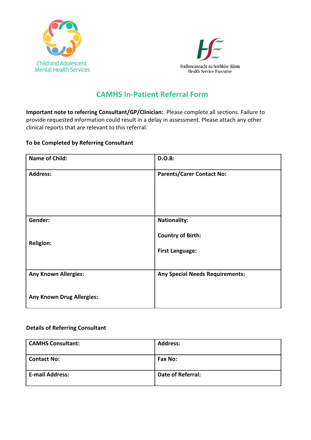 CAMHS In-Patient Referral Form