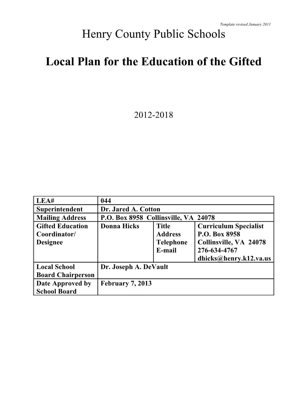 Local Plan for the Education of the Gifted