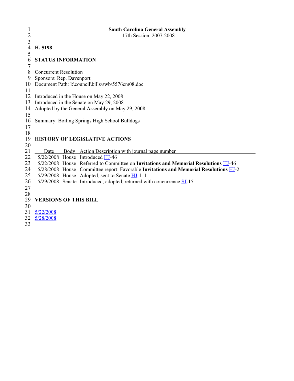 2007-2008 Bill 5198: Boiling Springs High School Bulldogs - South Carolina Legislature Online