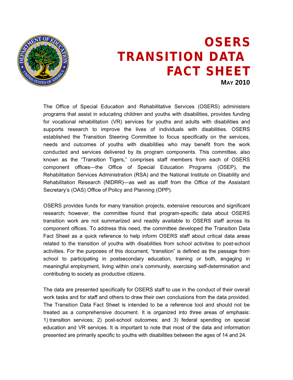 OSERS Transition Data Fact Sheet (MS Word)
