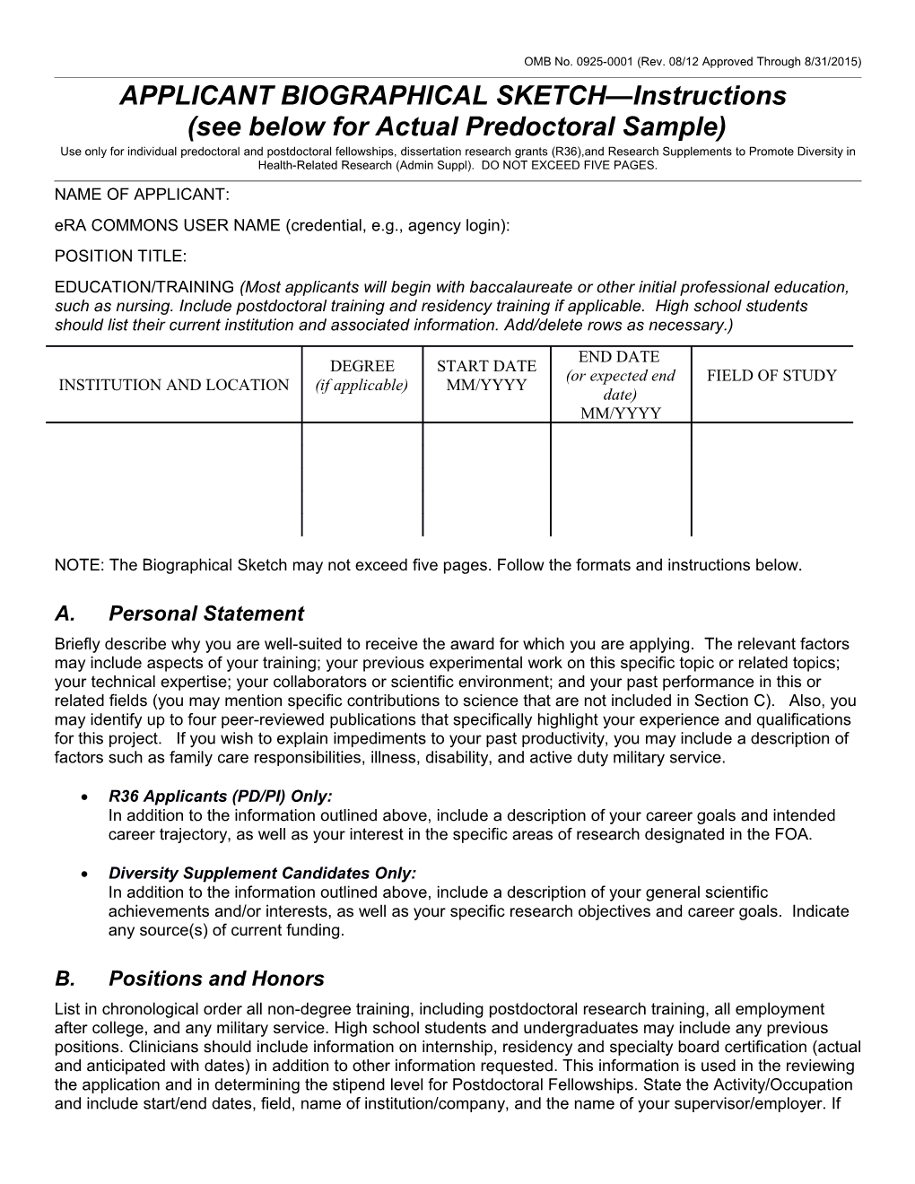 OMB No. 0925-001 (Rev. 08/12), Biographical Sketch Format Page