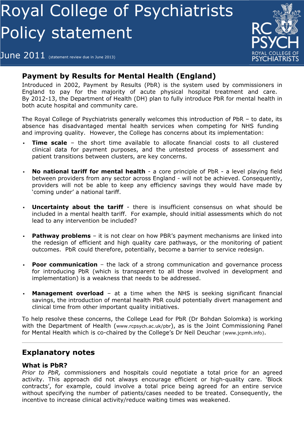 Payment by Results for Mental Health (England)