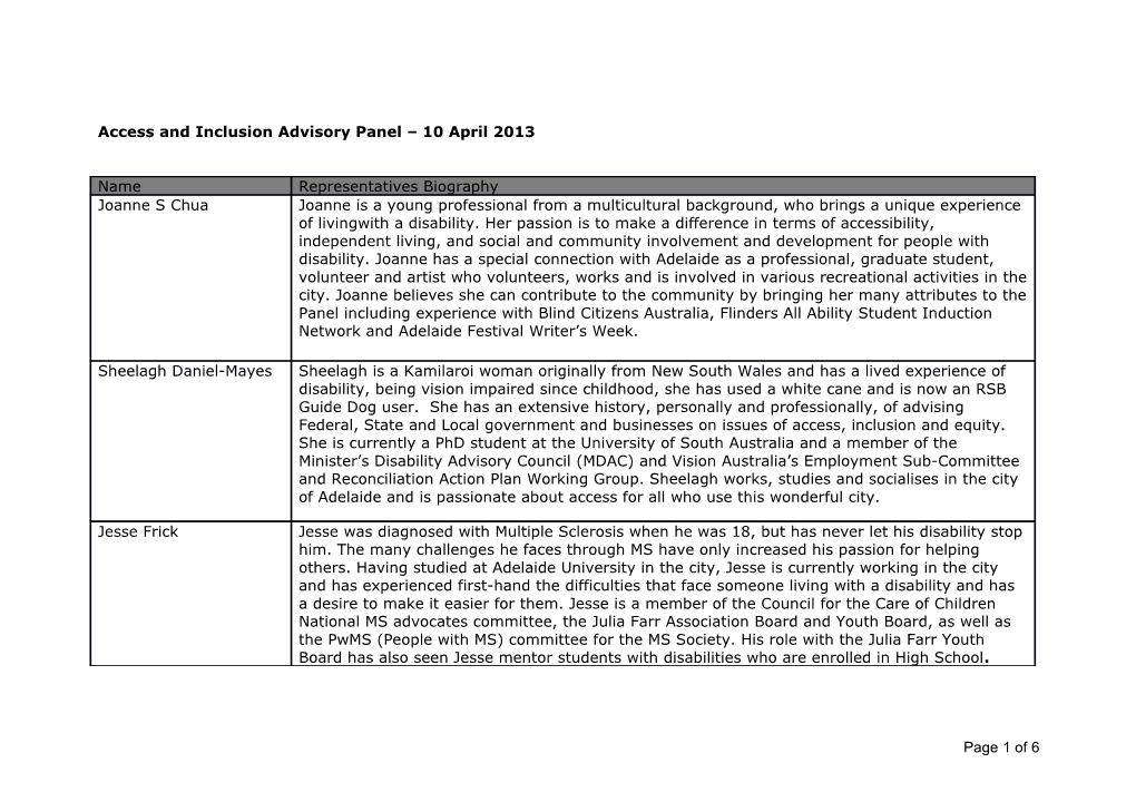 Access and Inclusion Advisory Panel 10 April 2013