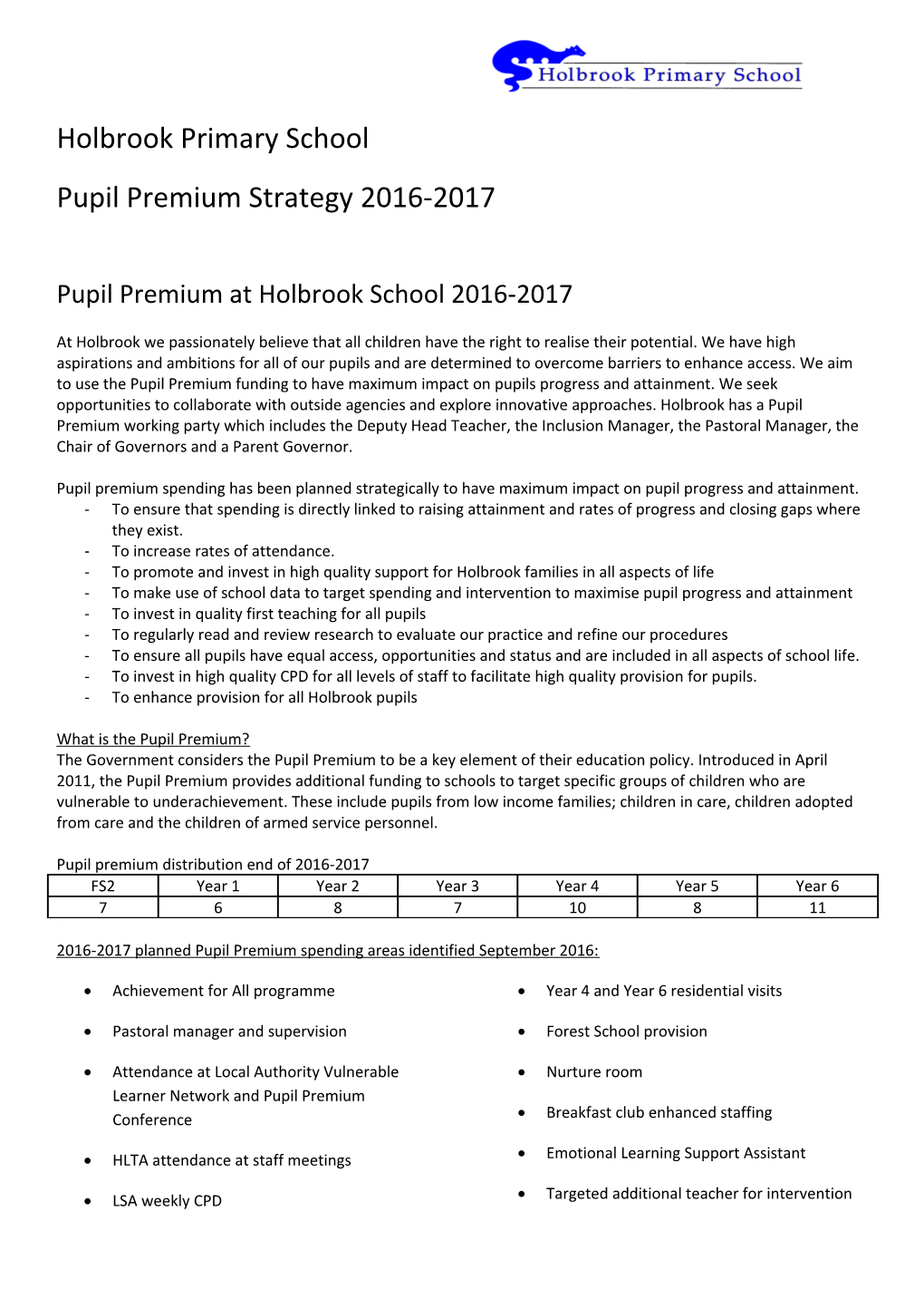 Pupil Premium at Holbrook School 2016-2017