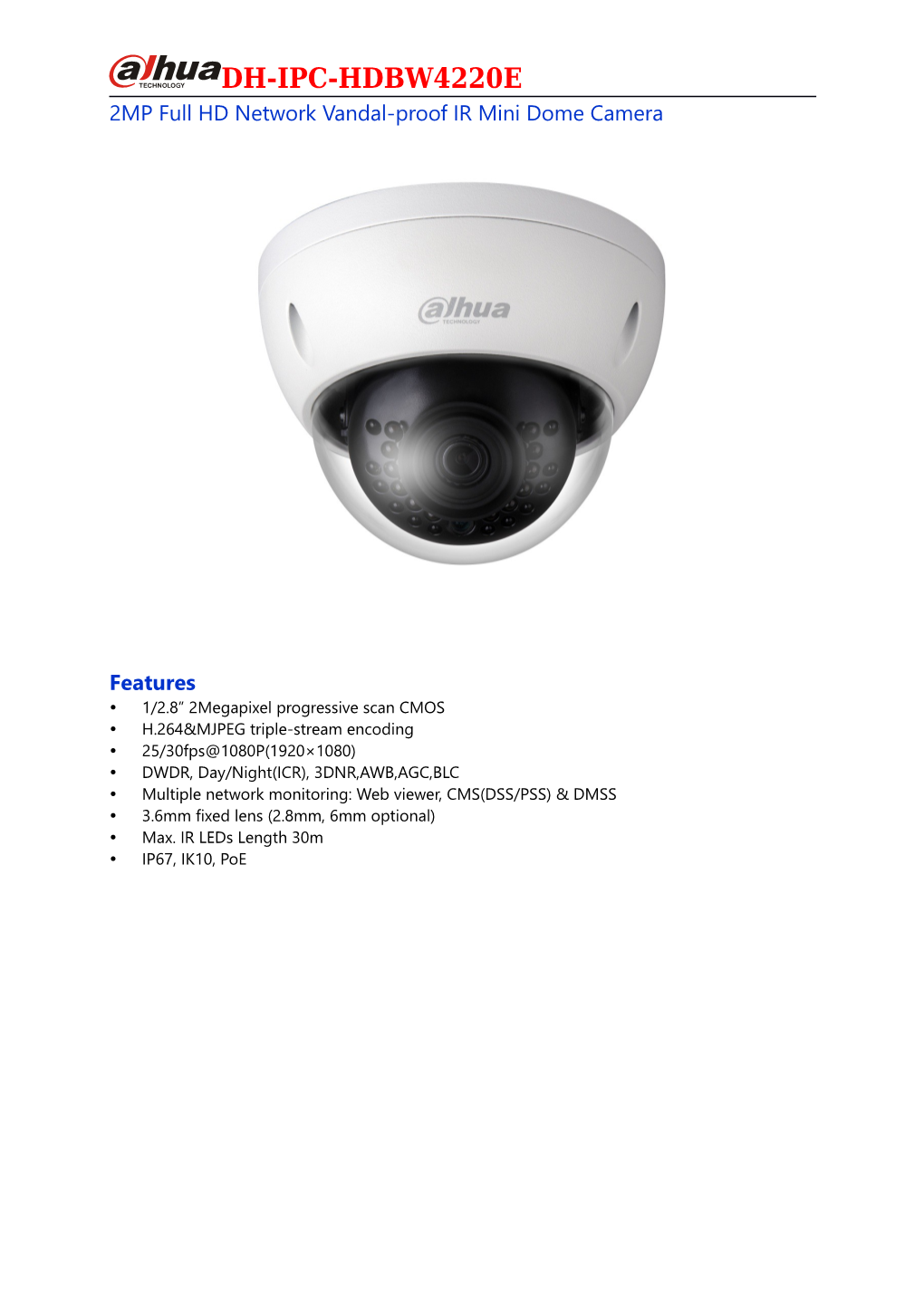 2Mpfull HD Network Vandal-Proof Irmini Dome Camera