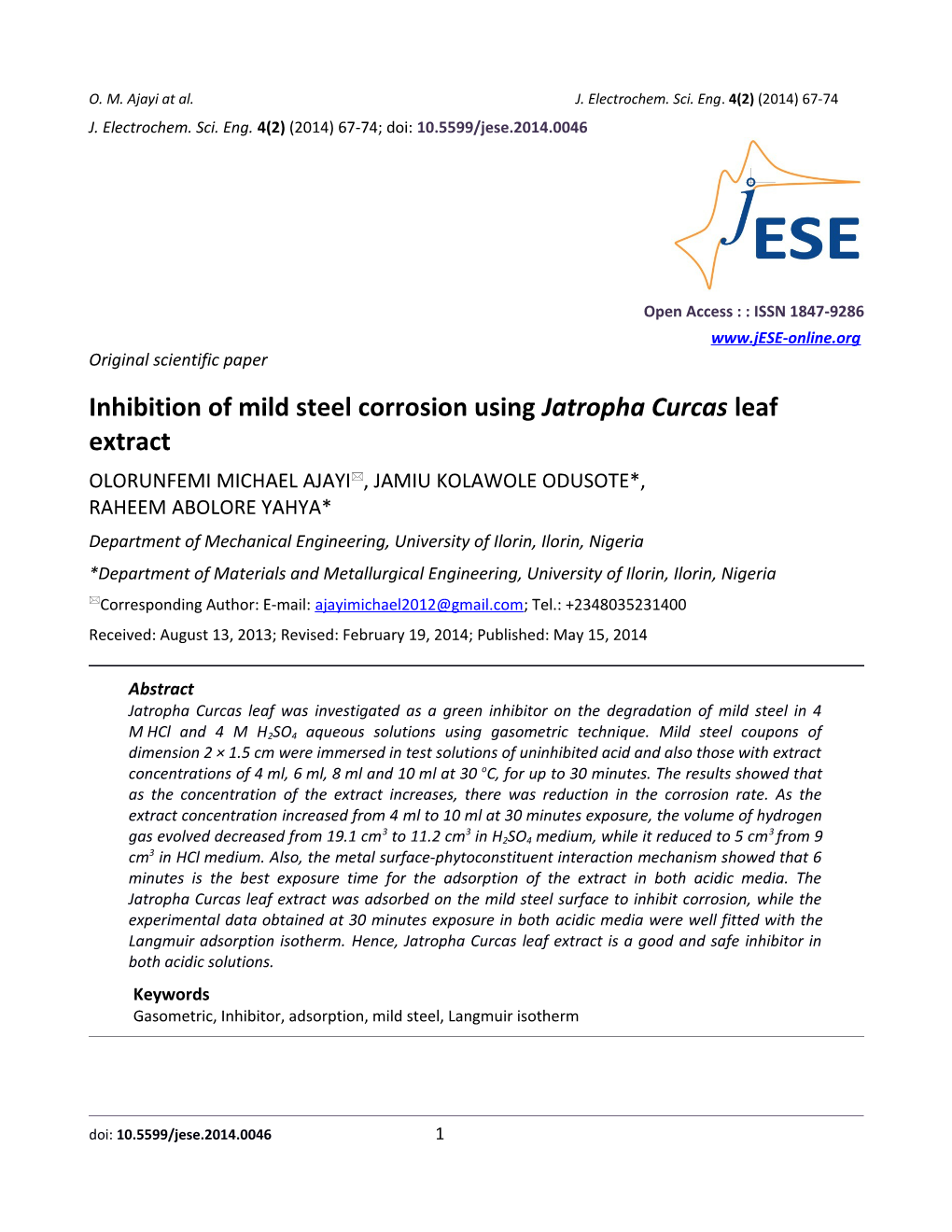 Inhibition of Mild Steel Corrosion Using Jatropha Curcas Leaf Extract