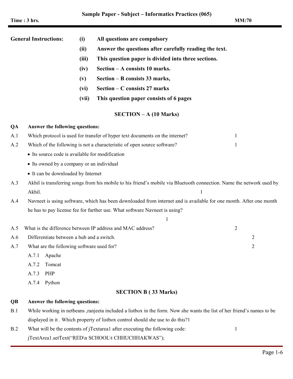 Sample Paper - Subject Informatics Practices (065)