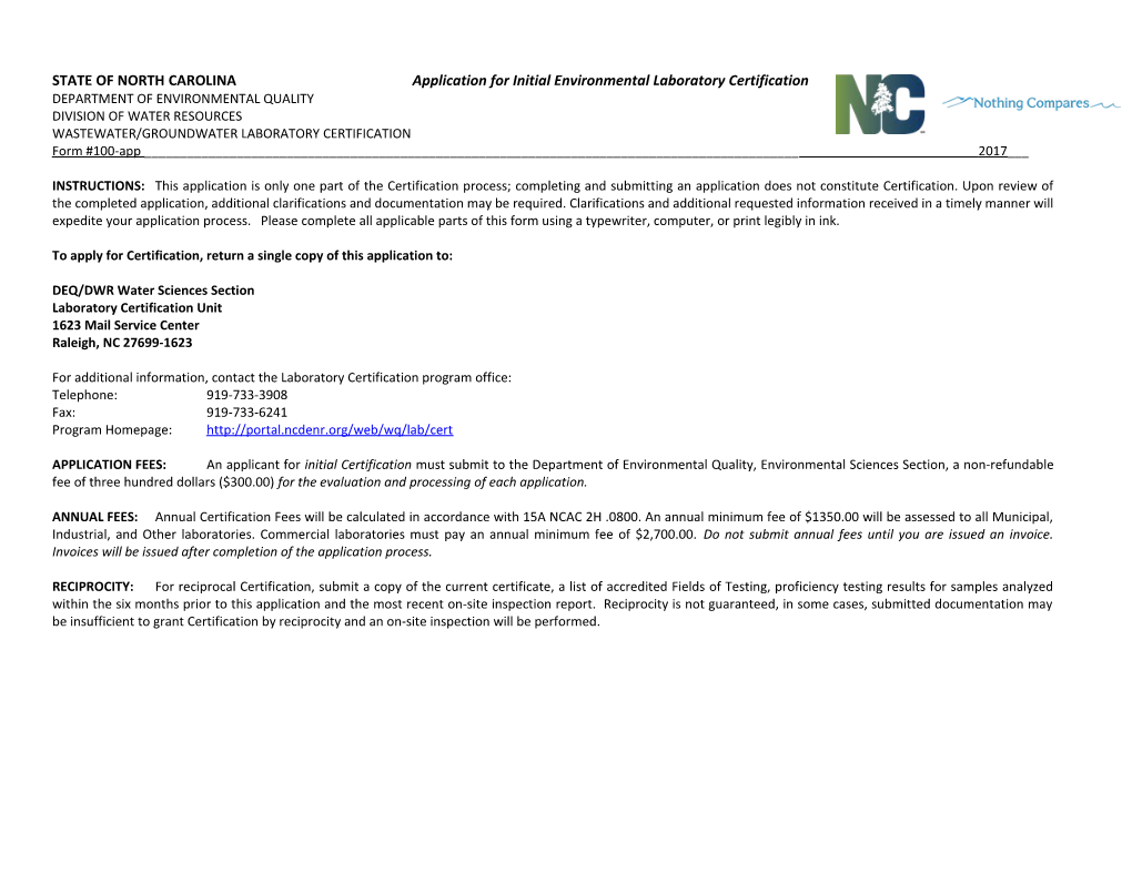Page 1 of 14 North Carolina Wastewater/Groundwater Laboratory Certification (NC WW/GW LC)