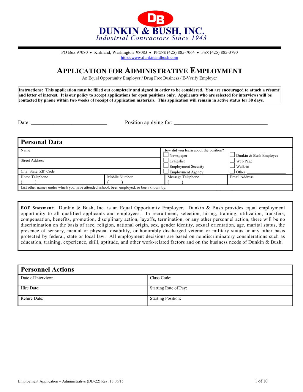 Application for Administrative Employment