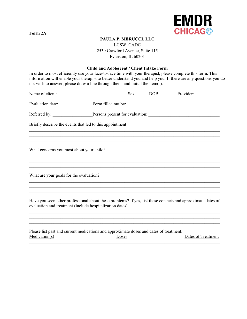 Child and Adolescent / Client Information Form
