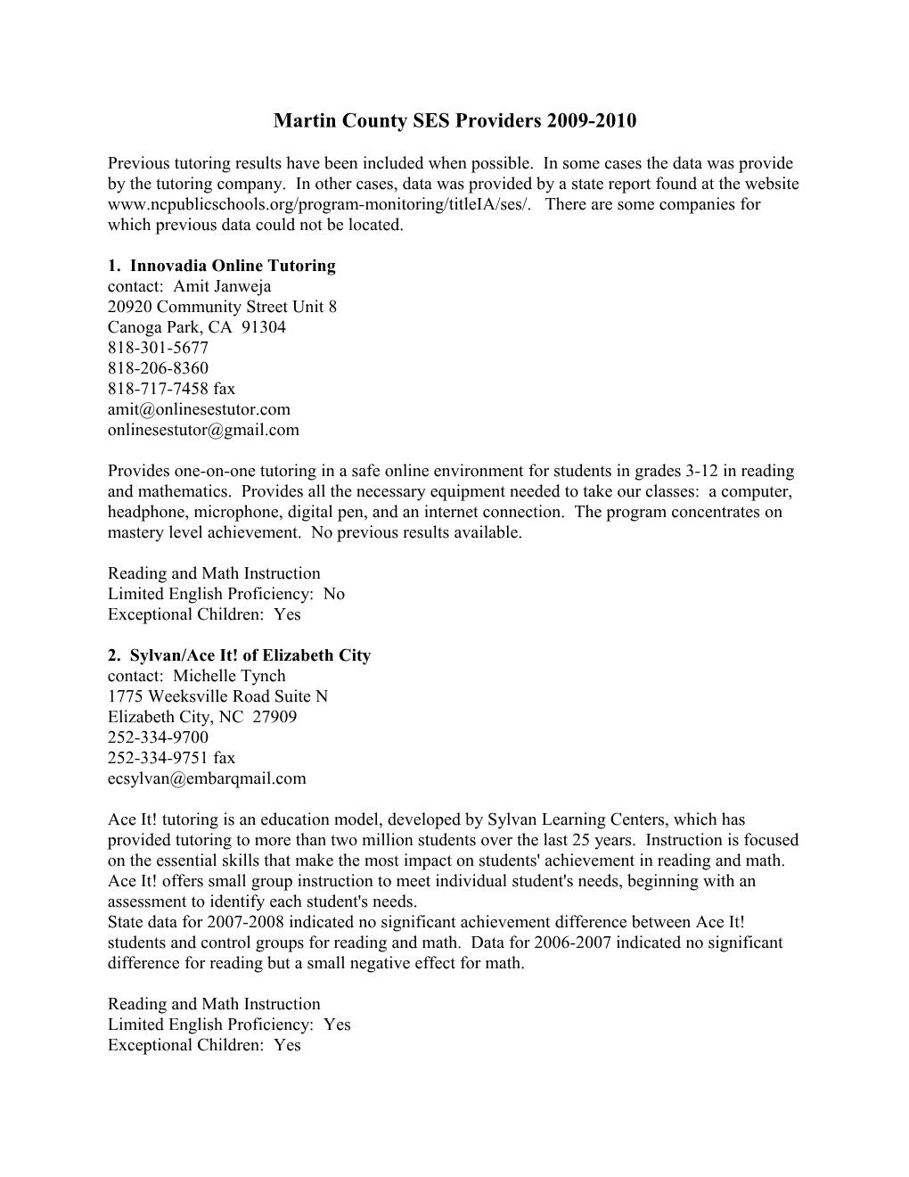 Martin County SES Providers 2009-2010