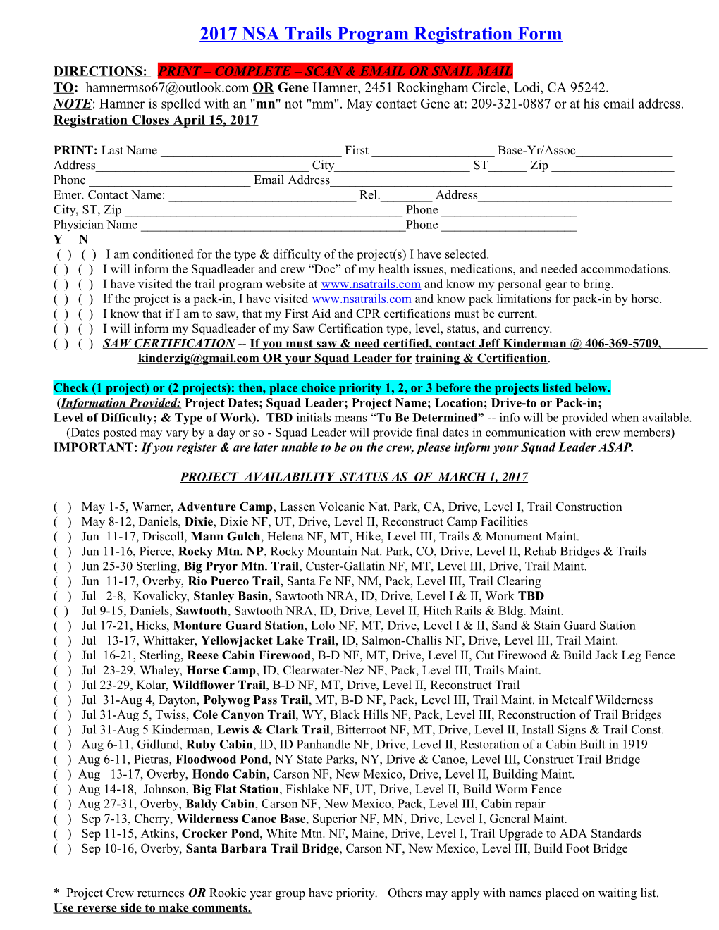 2017 NSA Trails Program Registration Form