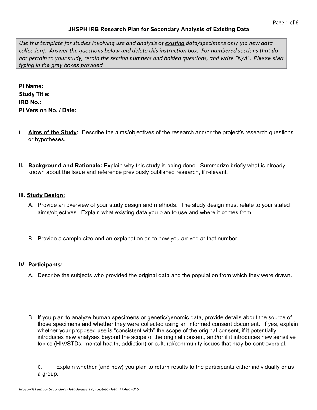 JHSPH IRB Research Plan for Secondary Analysis of Existing Data