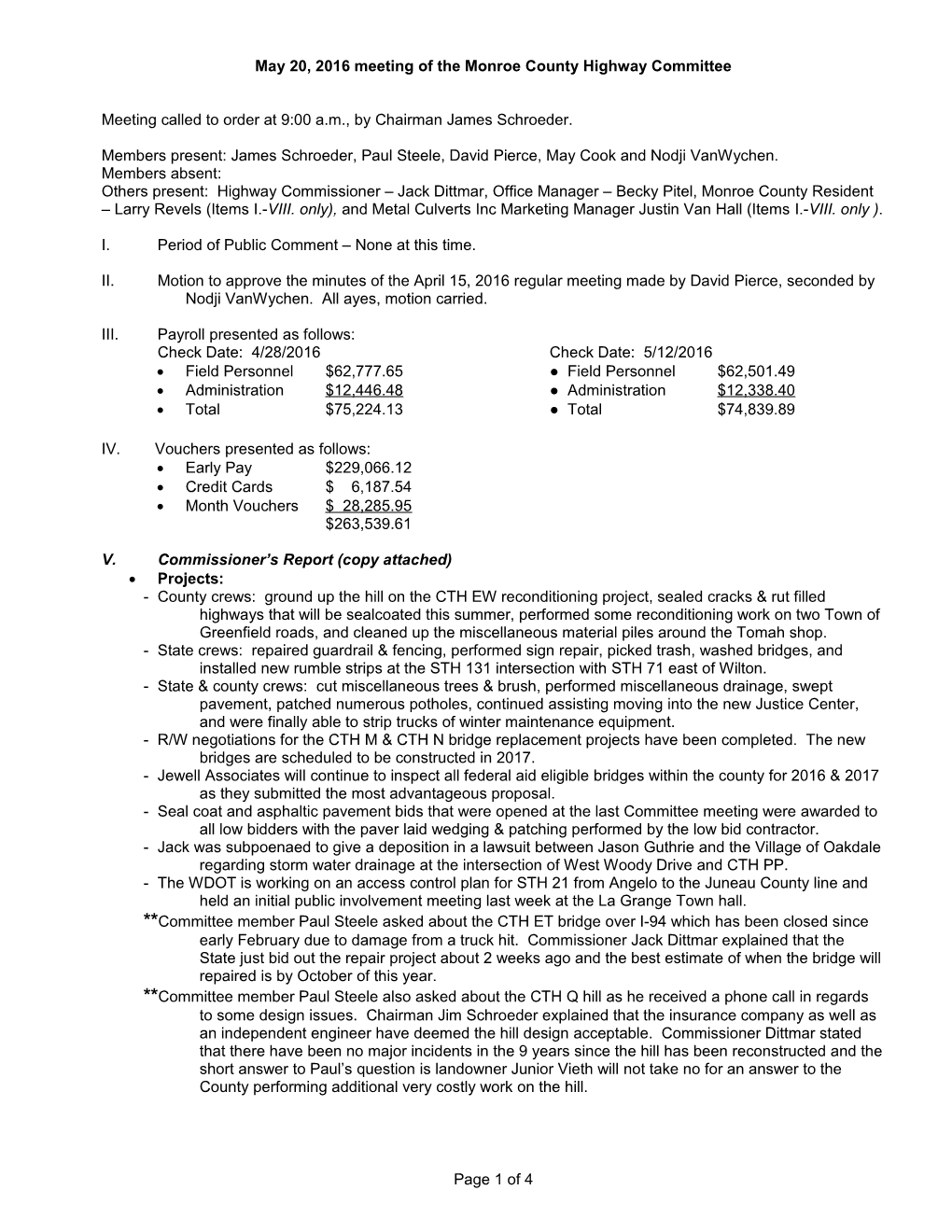 May 20, 2016 Meeting of the Monroe County Highway Committee