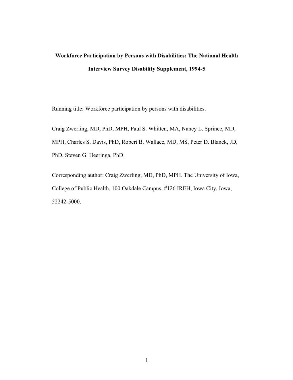 Workforce Participation by Persons with Disabilities: Data from the National Health Interview