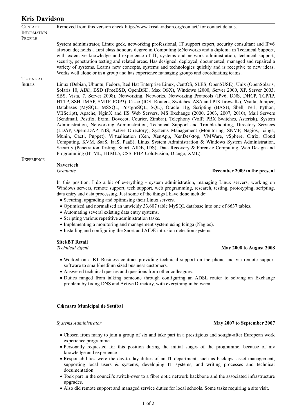 Kris Davidson's CV