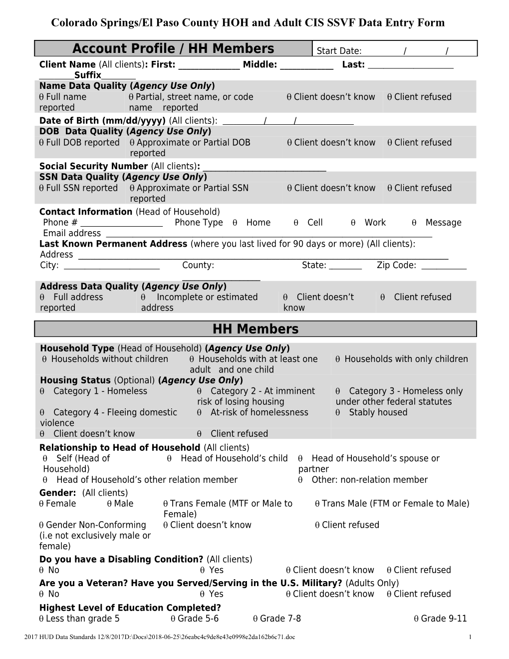 Colorado Springs/El Paso County HOH and Adult CIS SSVF Data Entry Form