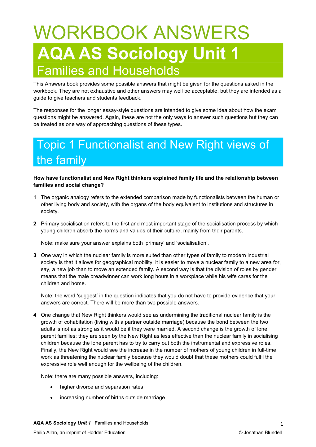 Sociology AQA AS Unit 1 WORKBOOK ANSWERS