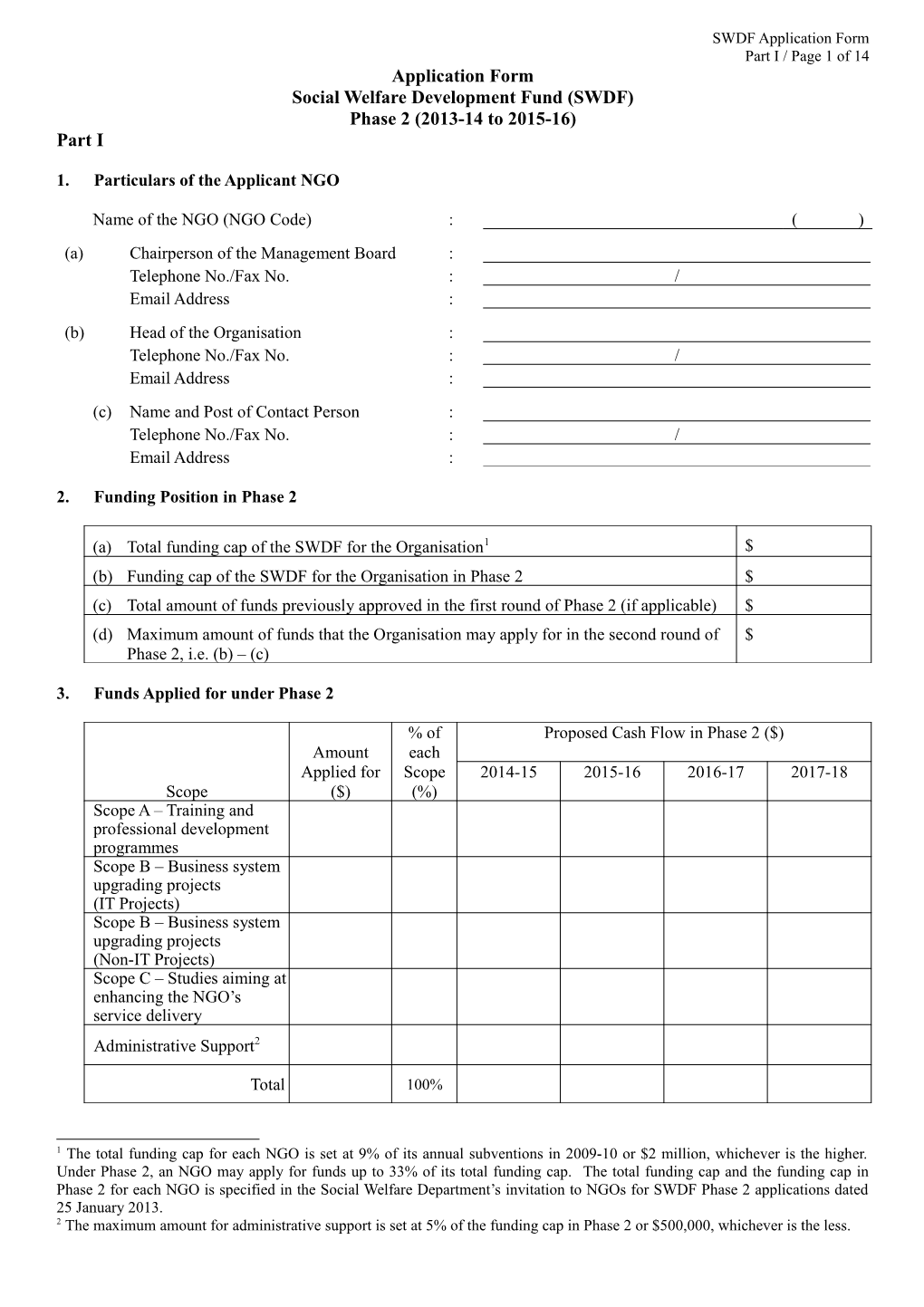 Application for Scheme a of Special One-Off Grant