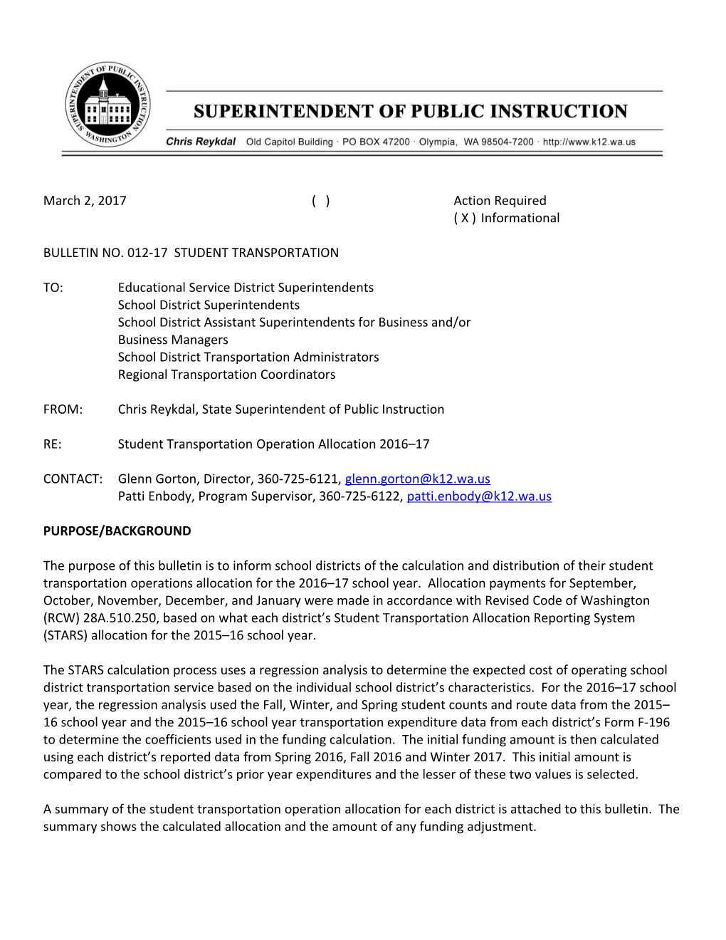 2016-17 Student Transportation Operation Allocation