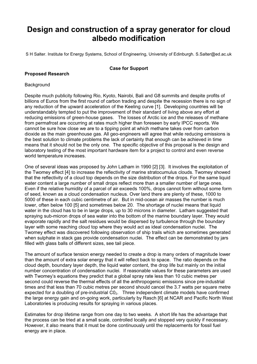 Design and Construction of a Spray Generator for Cloud Albedo Modification