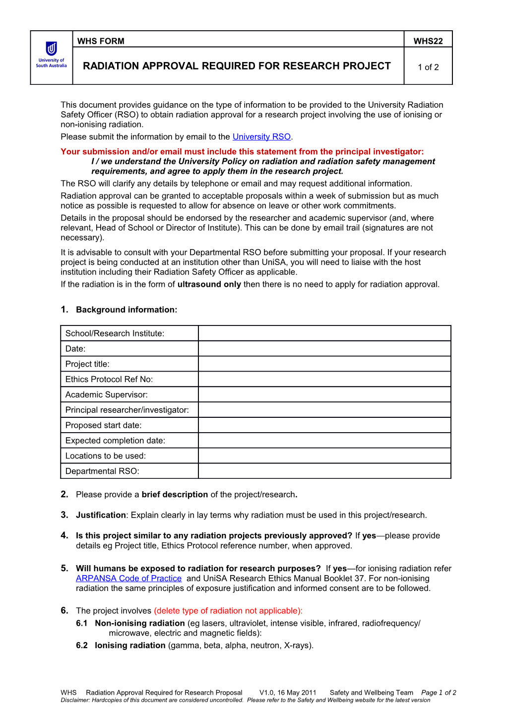 Research Proposal Requiring Radiation Approval