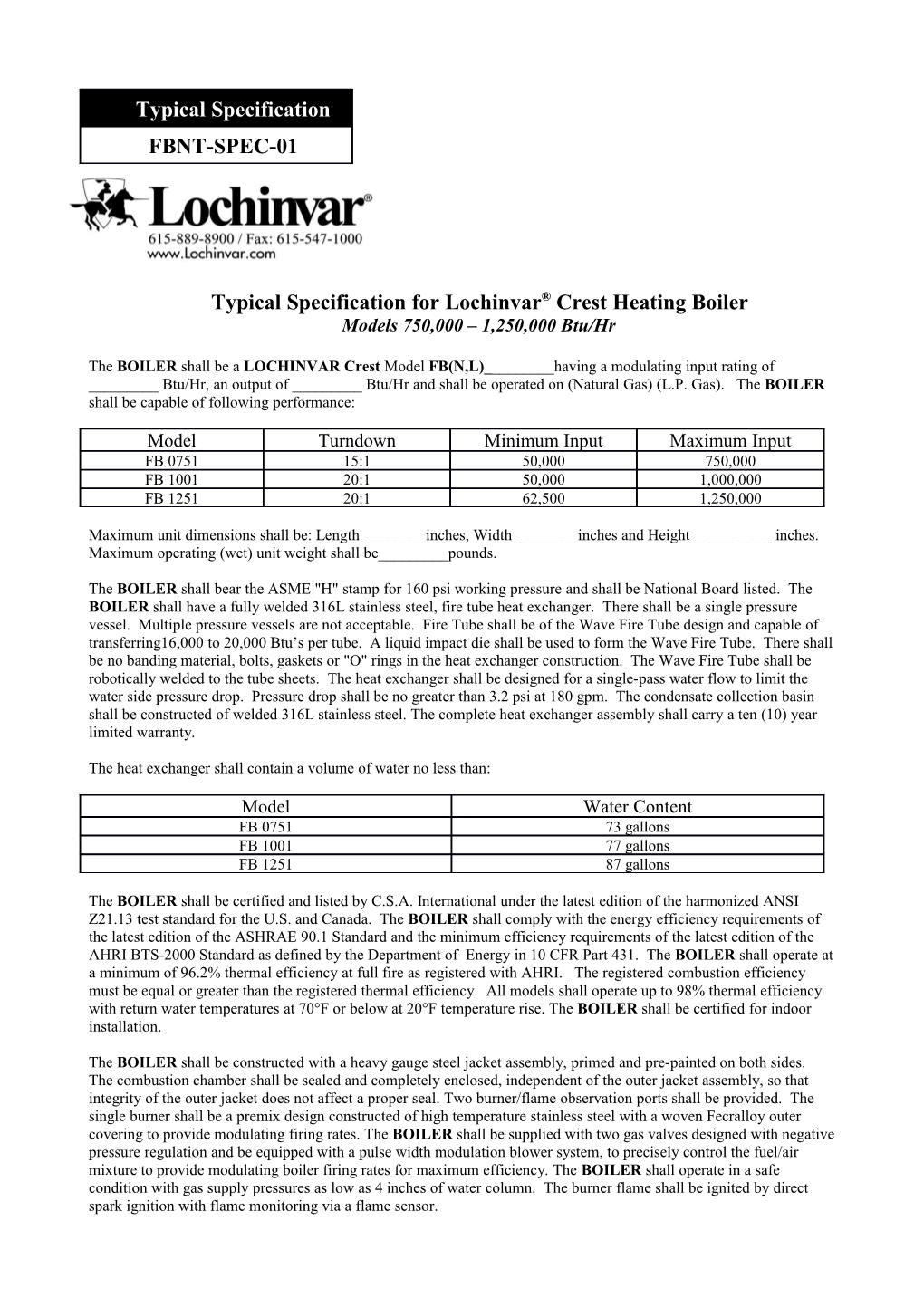 Typical Specification for Lochinvar Crest Heating Boiler