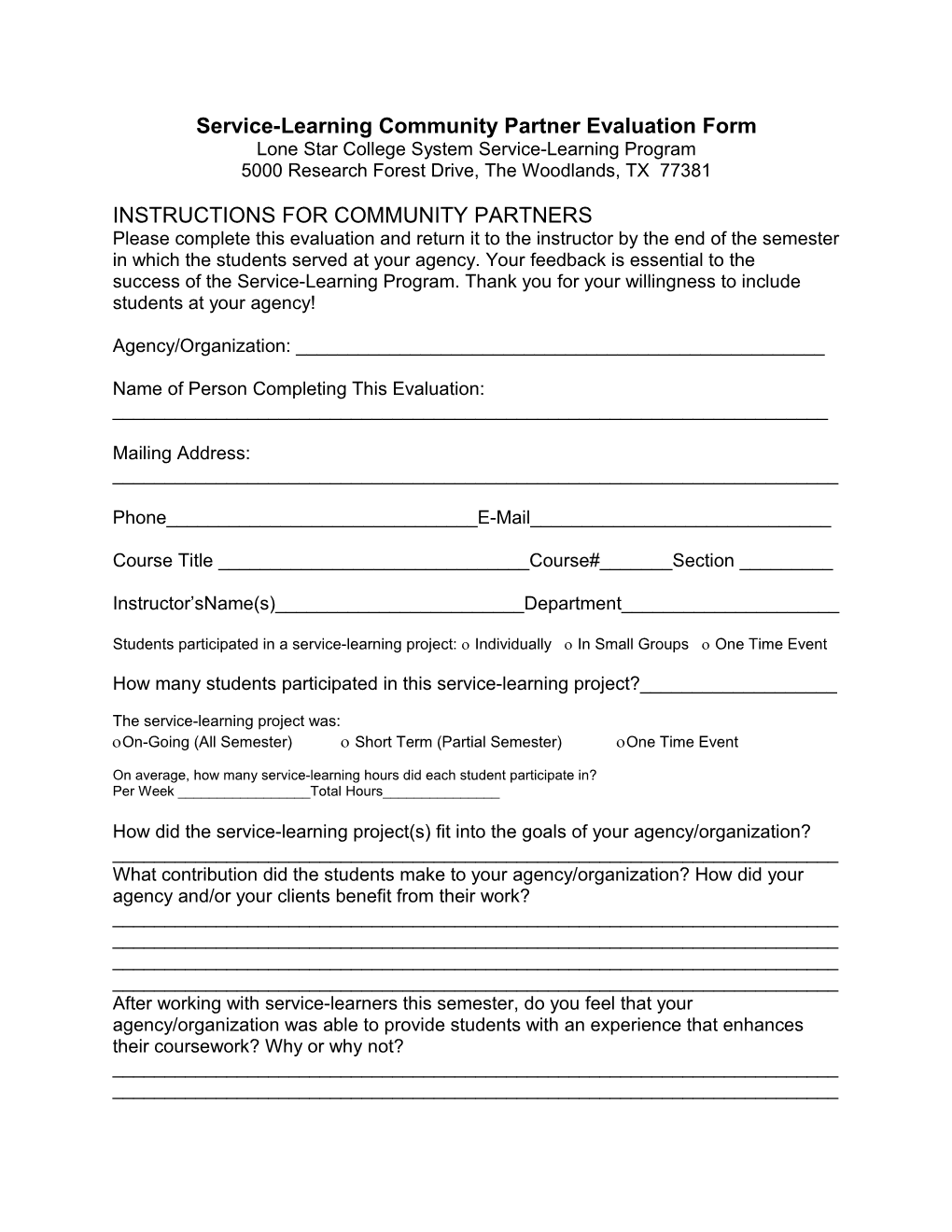 Service-Learning Community Partner Evaluation Form