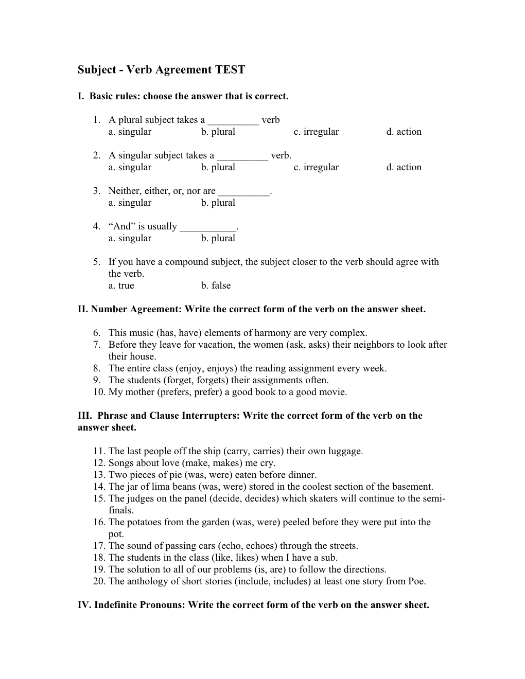 Subject - Verb Agreement TEST