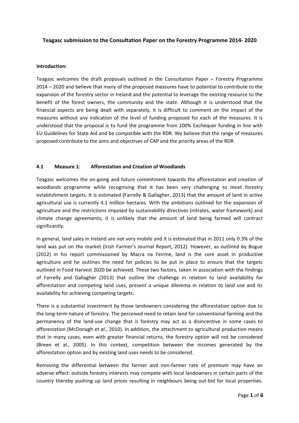 Teagasc Submission to the Consultation Paper on the Forestry Programme 2014- 2020