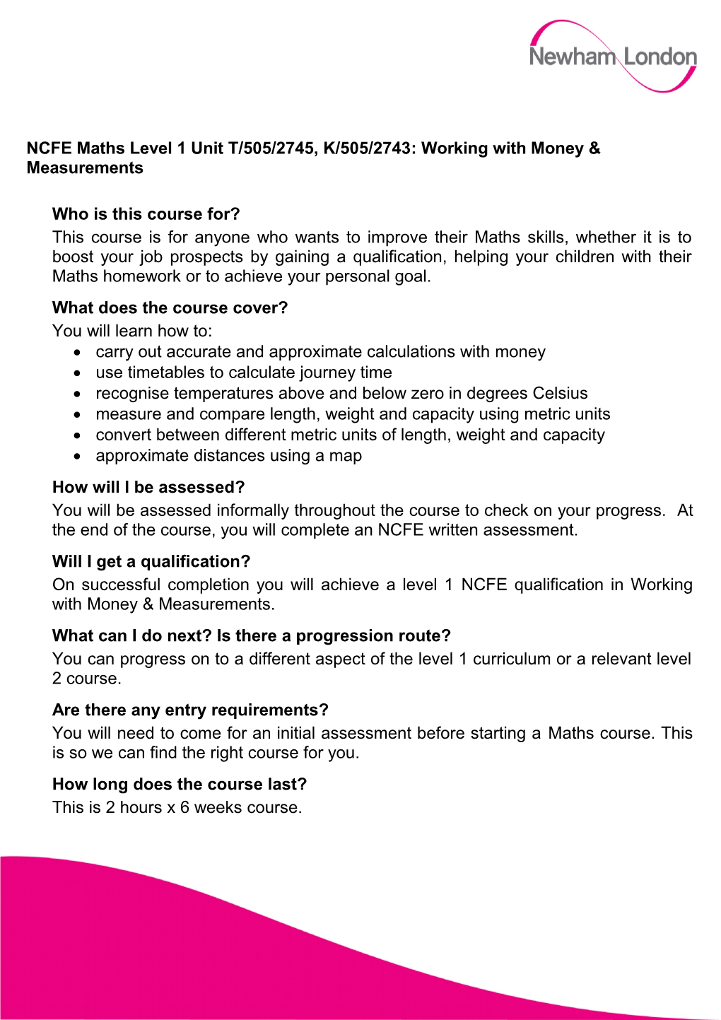 Newham Adult Learning Service - Course Information Sheet