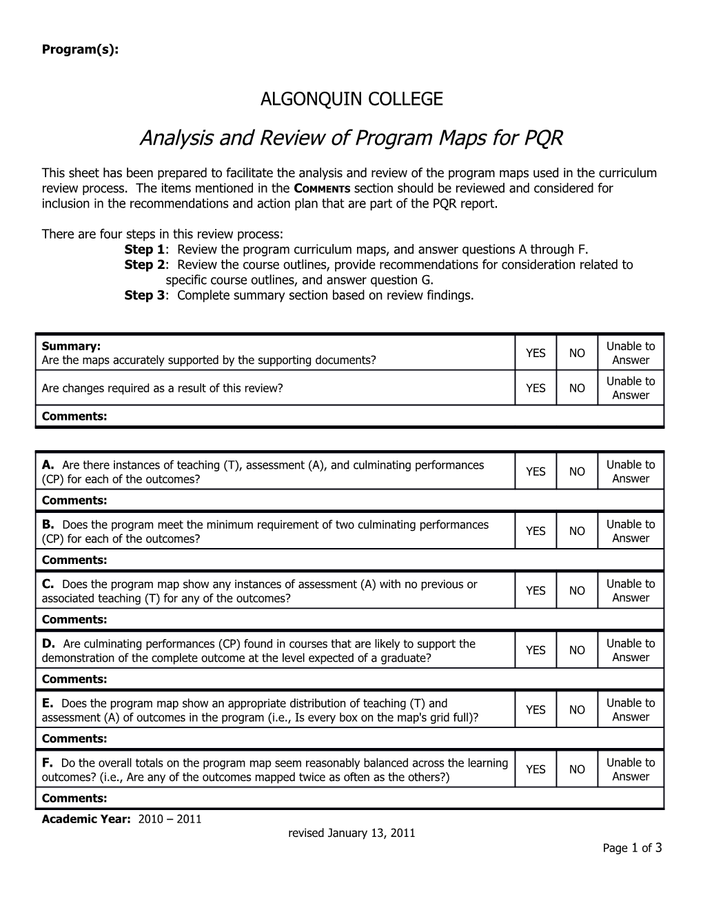 Analysis and Review of Program Maps for PQR