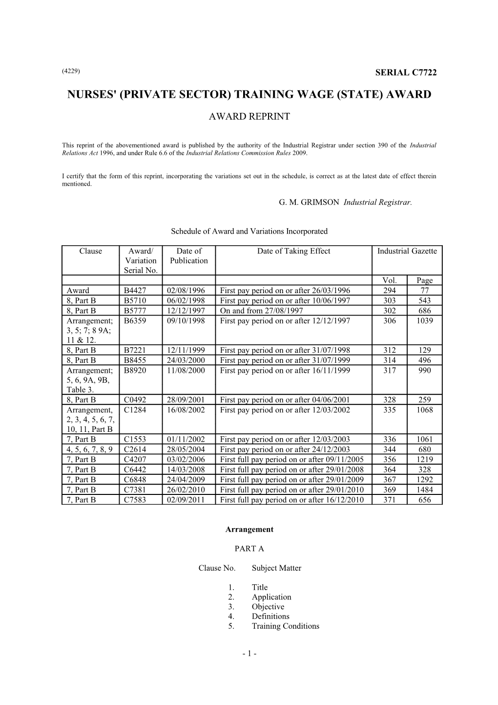 Nurses' (Private Sector) Training Wage (State) Award