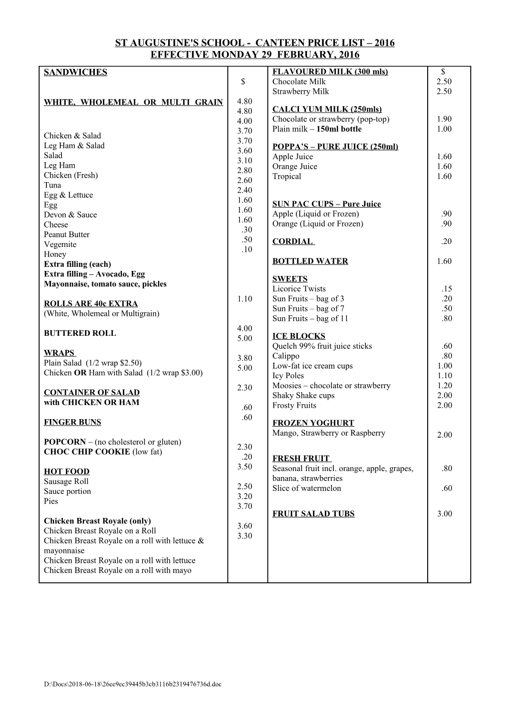 St Augustine's School - Canteen Price List 2005