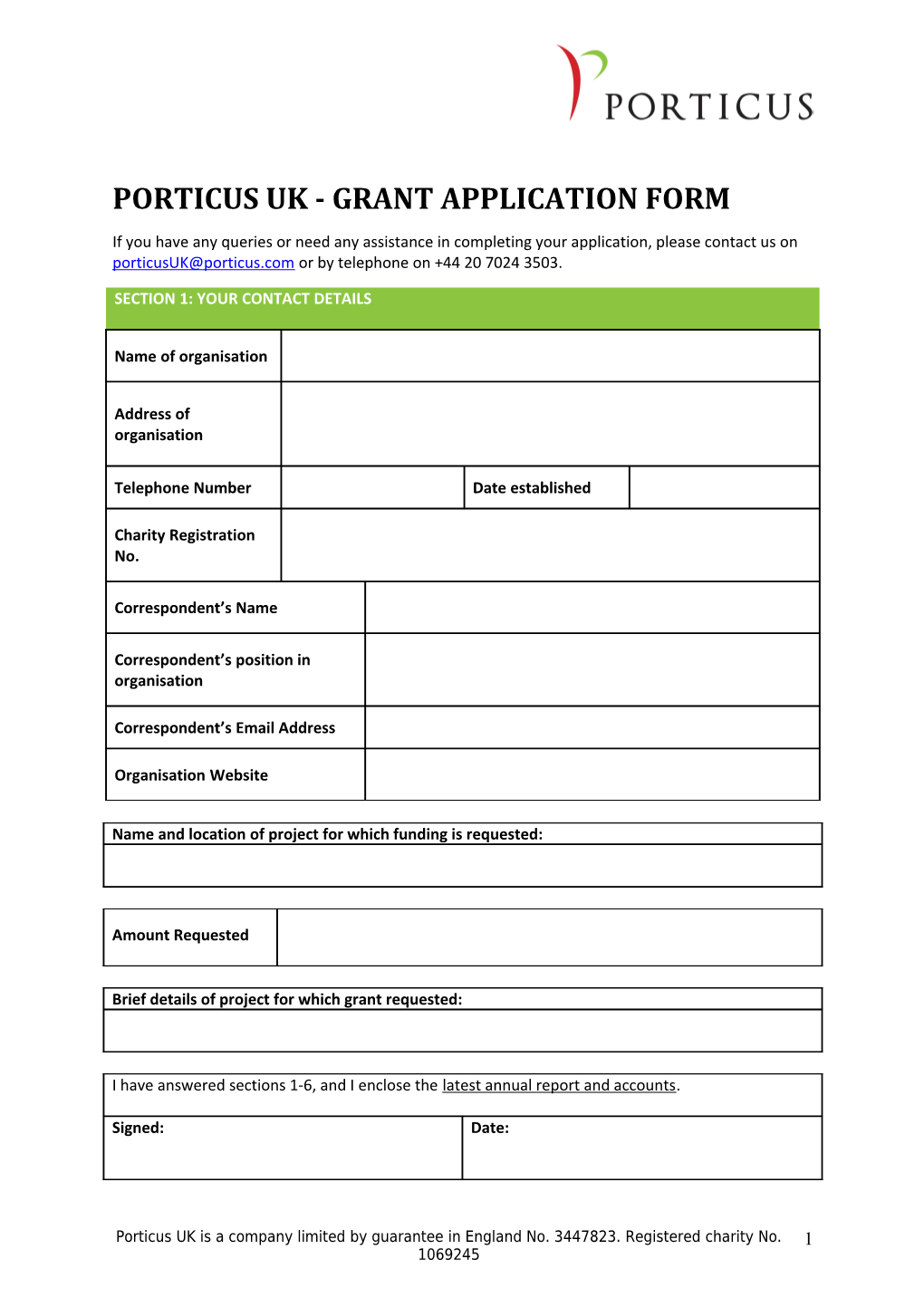 PORTICUS UK-Grant Application Form