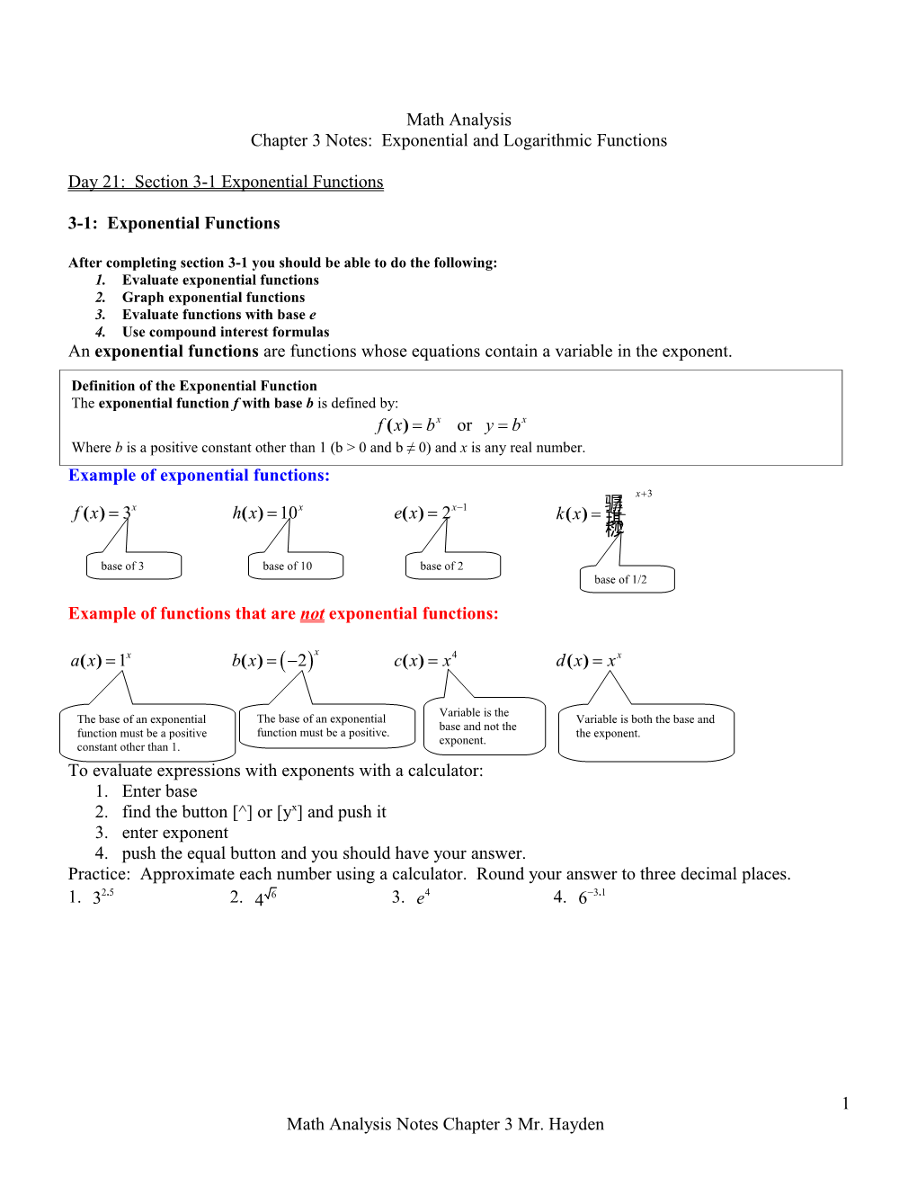 Chapter 3 Notes: Exponential and Logarithmic Functions