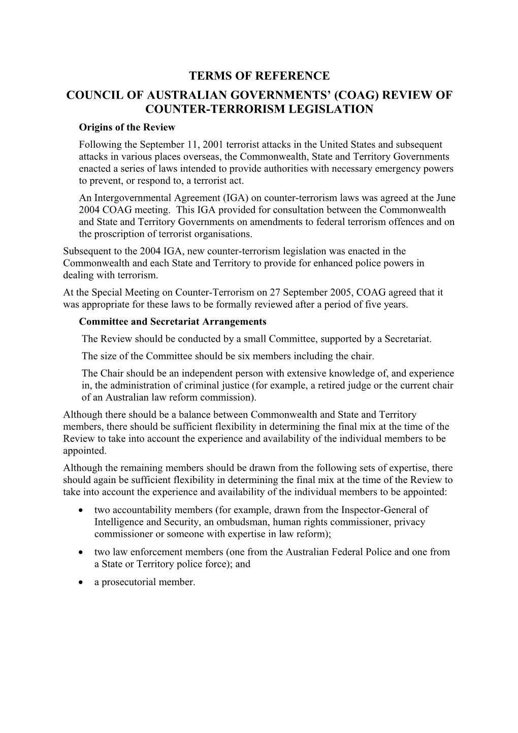 Council of Australian Governments (Coag) Review of Counterterrorism Legislation