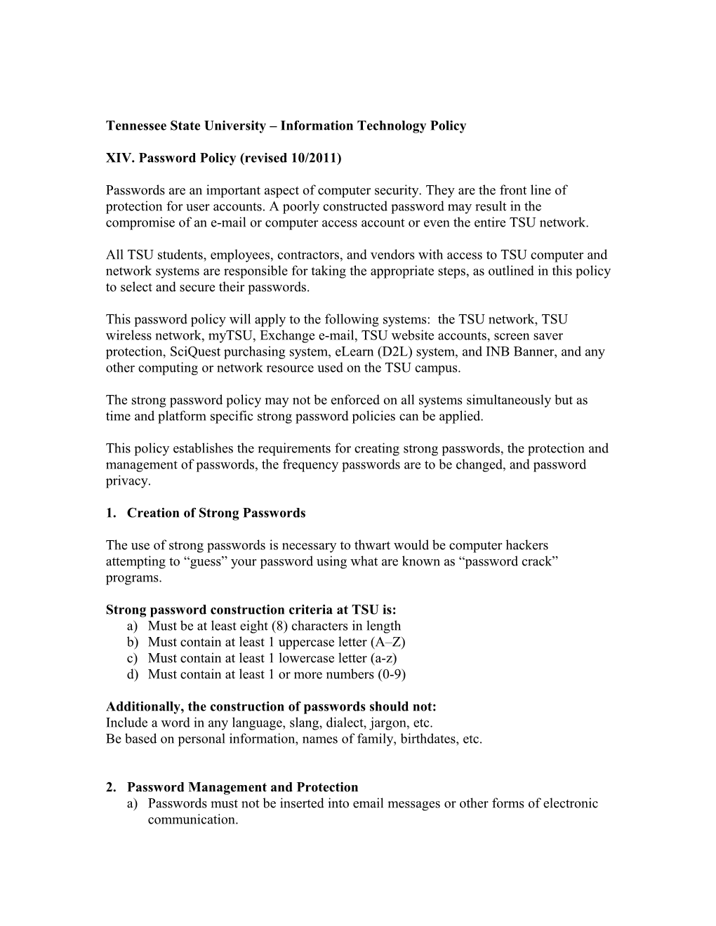 Tennessee State University Information Technology Policy