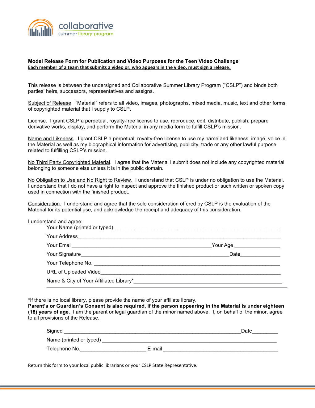 Model Release Form for Publication and Video Purposes for the Teen Video Challenge