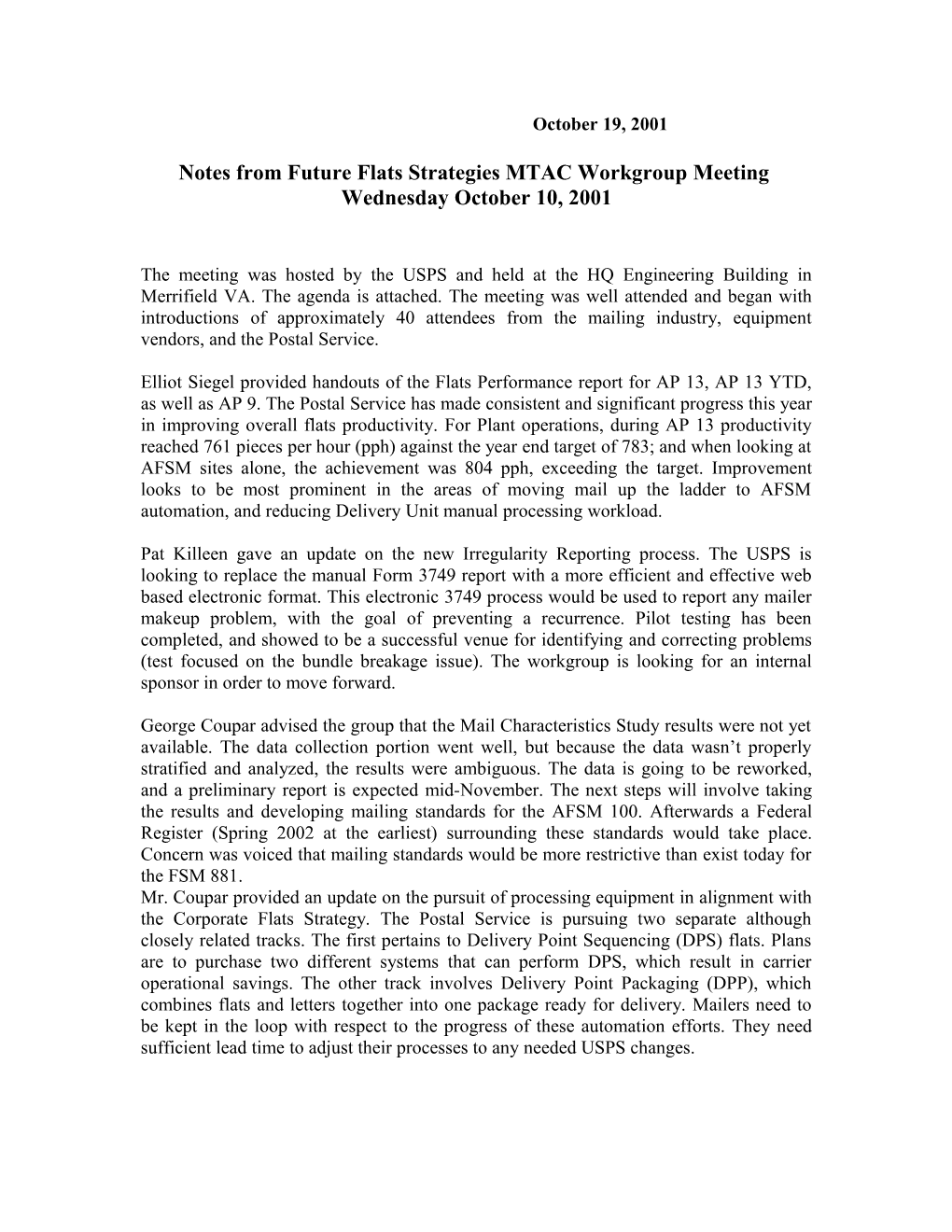 Notes from Future Flats Strategies MTAC Work Group Meeting Tuesday, January 9, 2001