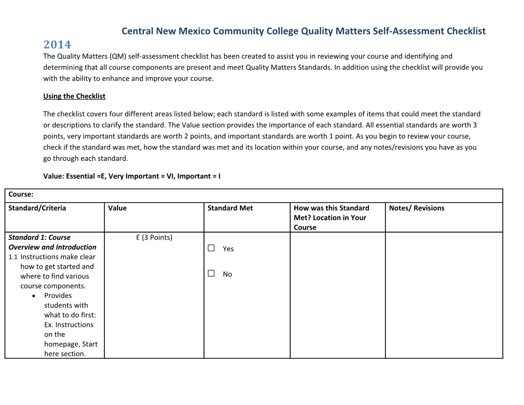 Central New Mexico Community College Quality Matters Self-Assessment Checklist