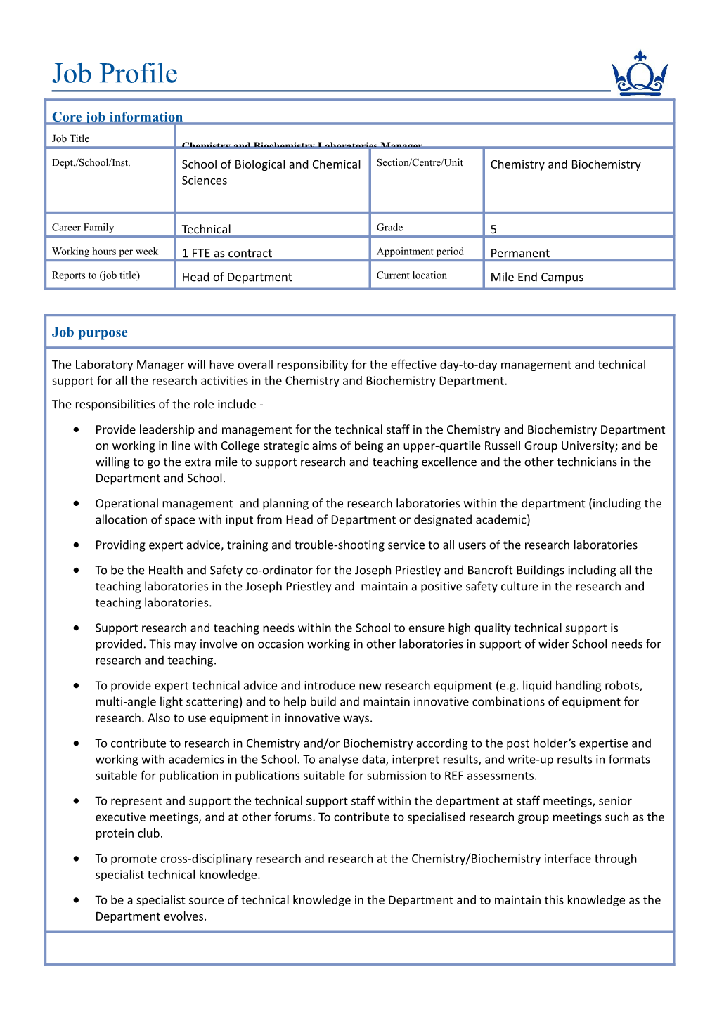 Provide Leadership and Management for the Technical Staff in the Chemistry and Biochemistry