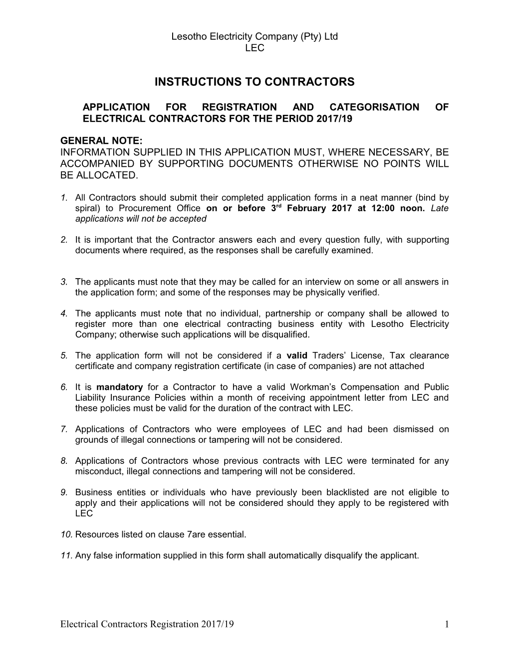 Application for Regestration and Categorisation of Electrical Contractors