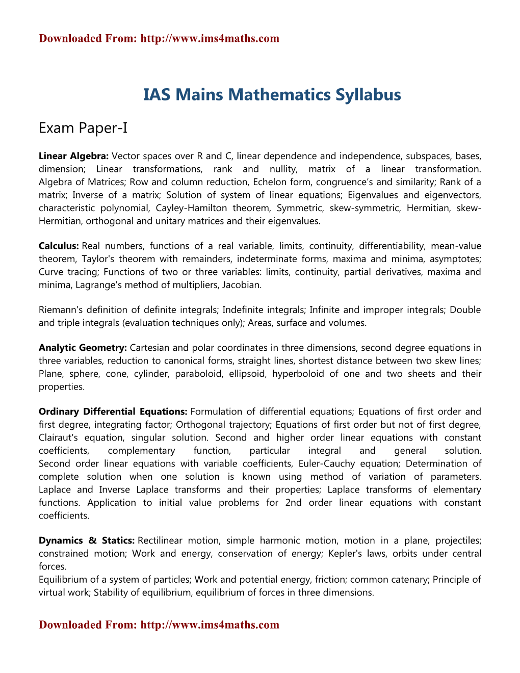 IAS Mains Mathematics Syllabus
