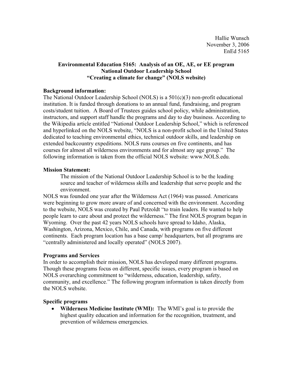 Environmental Education 5165: Analysis of an OE, AE, Or EE Program