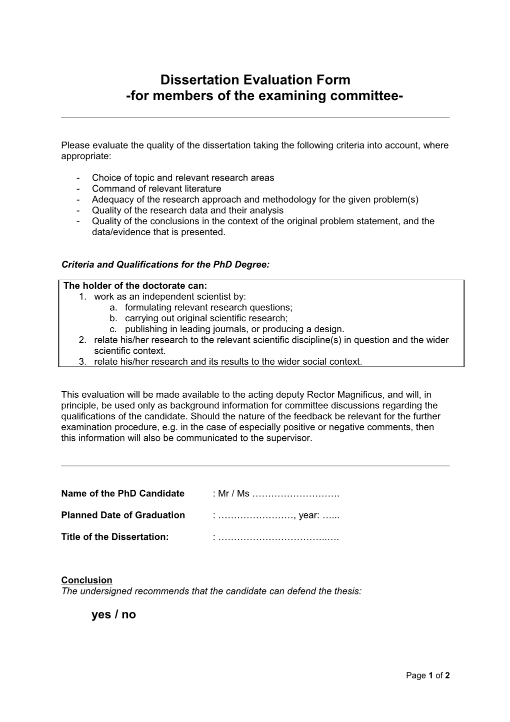 Dissertation Evaluation Form