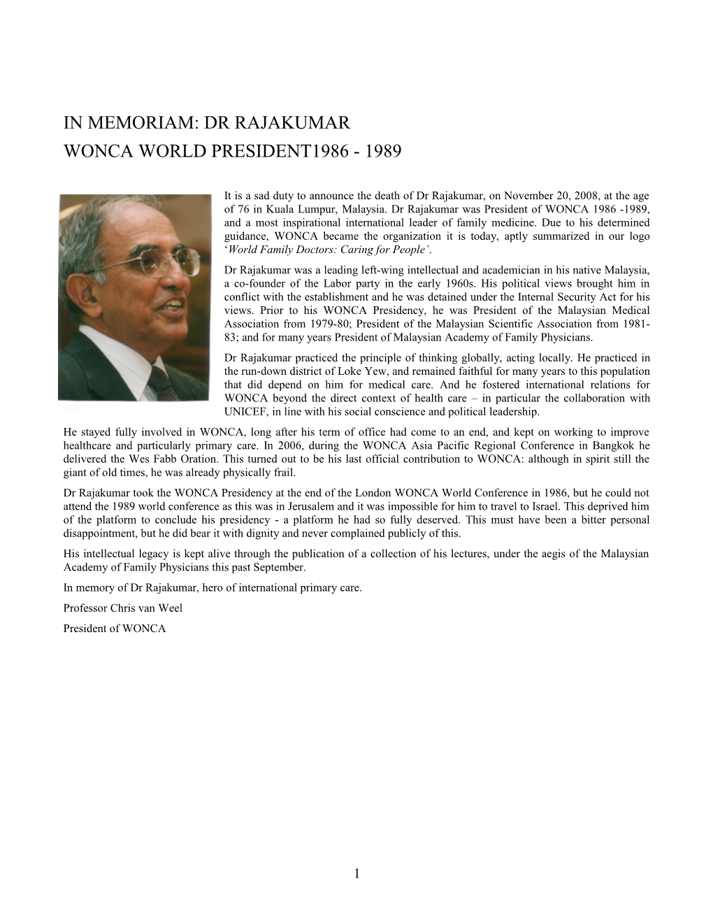 In Memorium : Dr Rajakumar