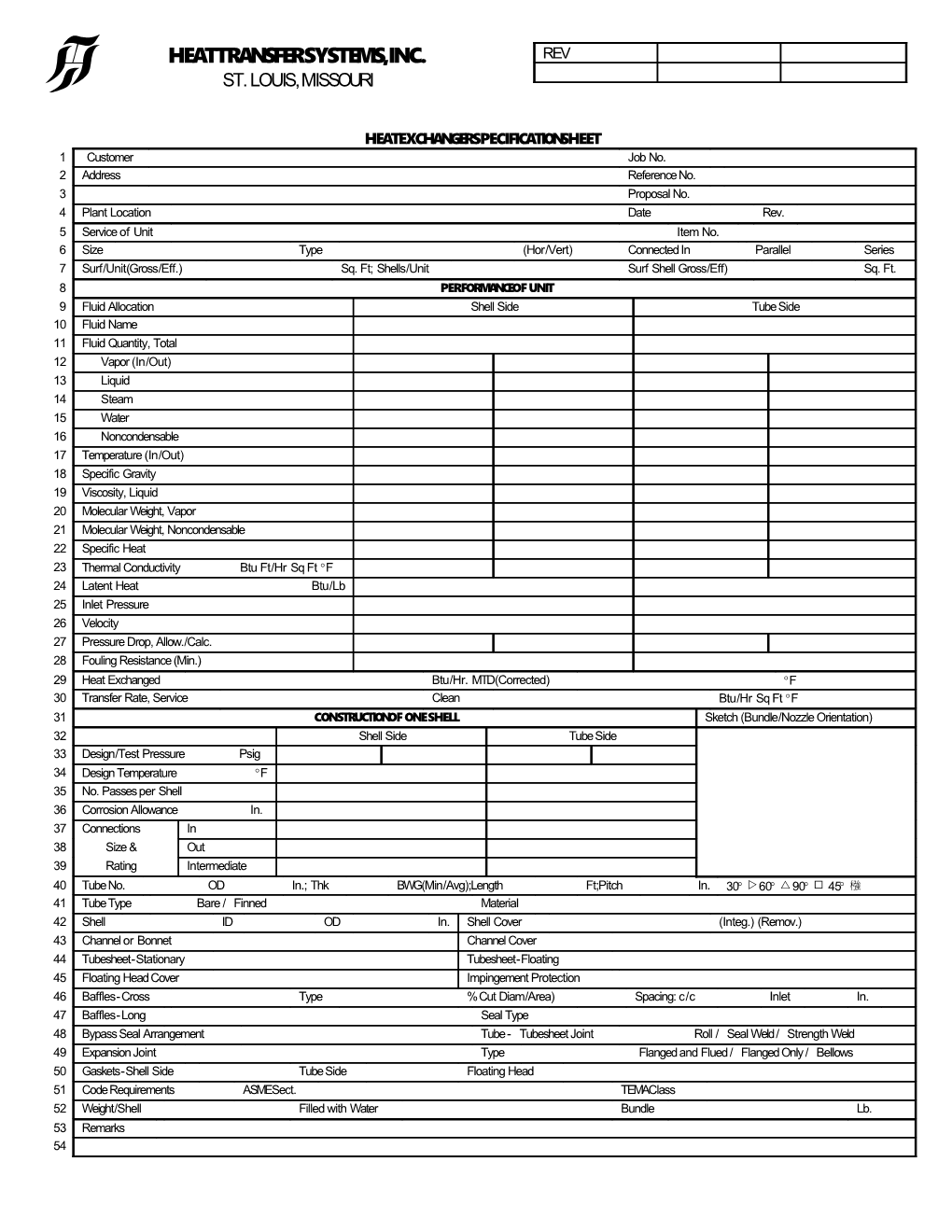 Heat Exchanger Specification Sheet