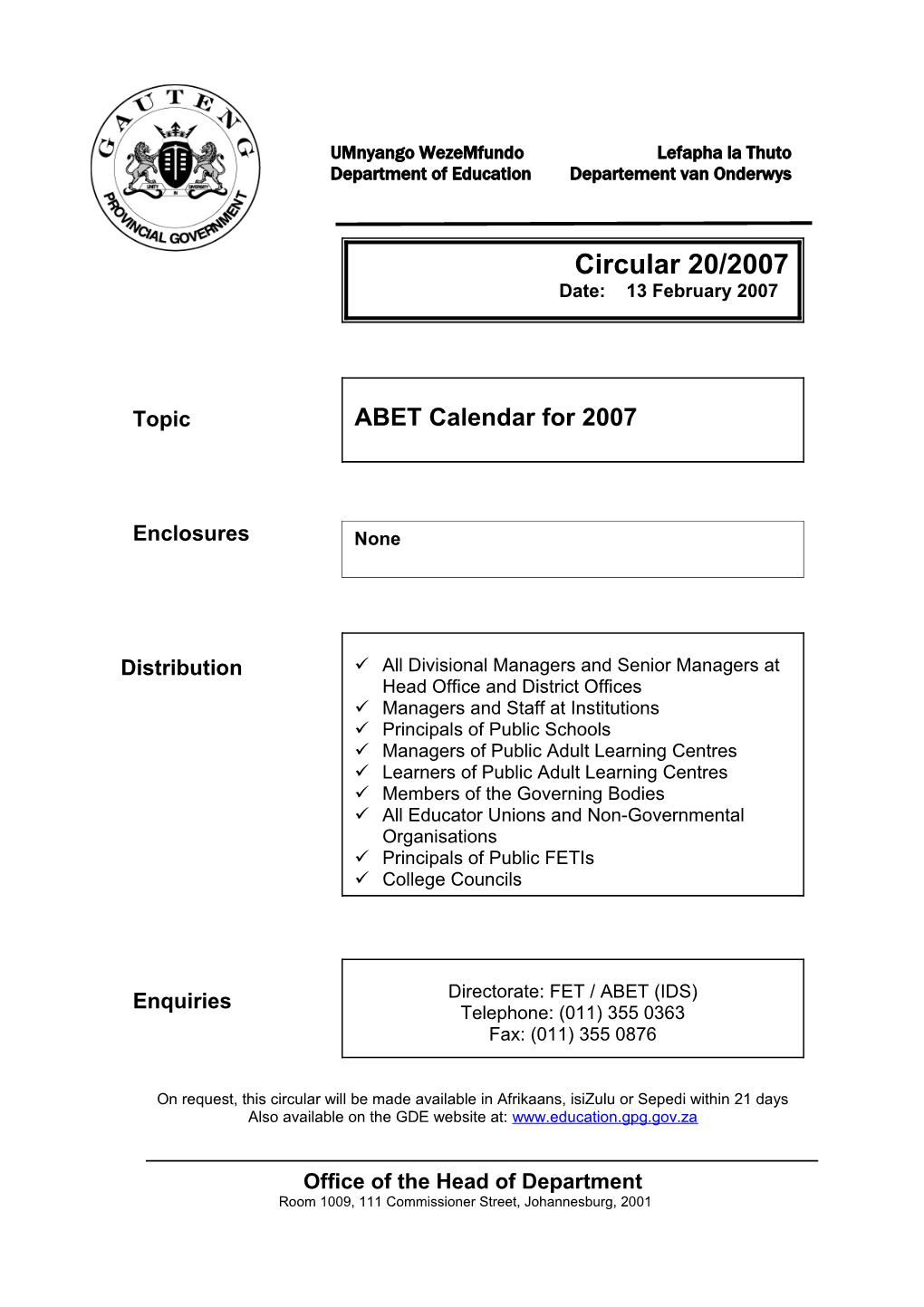 Circ 20/2007 ABET Calendar for 2007
